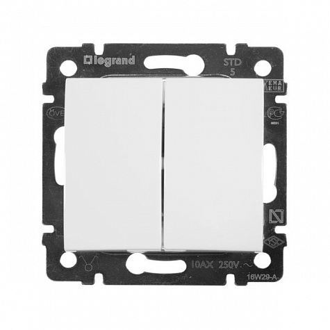 Выключатель двухклавишный 10AX 250В. Белый. Legrand. Valena