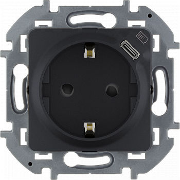 Розетка 2К+З немецкий стандарт 16А 250В с зарядным устройством USB C 1.5А 5В Антрацит INSPIRIA 