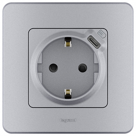 Розетка 2К+З немецкий стандарт 16А 250В с зарядным устройством USB C 1.5А 5В Алюминий INSPIRIA 