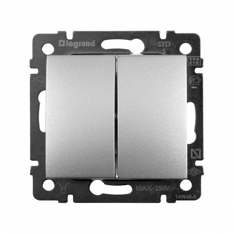 Выключатель двухклавишный 10AX 250В. Алюминий. Legrand. Valena