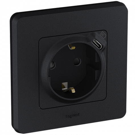 Розетка 2К+З немецкий стандарт 16А 250В с зарядным устройством USB C 1.5А 5В Антрацит INSPIRIA 