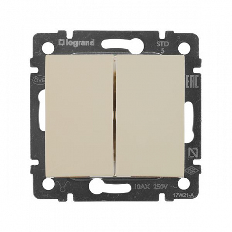 Выключатель двухклавишный 10AX 250В. Слоновая кость. Legrand. Valena