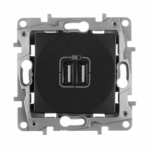 Зарядное устройство с двумя USB-разьемами 240В/5В 2,4А Антрацит. Legrand Etika