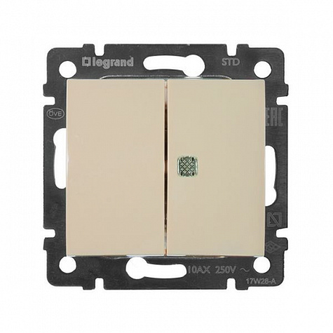 Выключатель двухклавишный 10A c индикацией Слоновая кость. Legrand. Valena