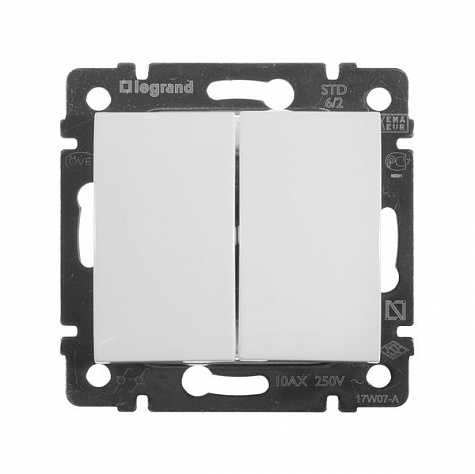 Переключатель проходной двухклавишный 10A Белый. Legrand. Valena