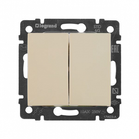 Переключатель проходной двухклавишный 10A Слоновая кость. Legrand. Valena