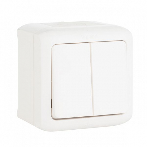 Выключатель двухклавишный 10A влагозащищенный IP44, Белый. Legrand Quteo